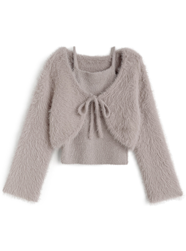 カーディガン×リボンキャミソールシャギーニットアンサンブル