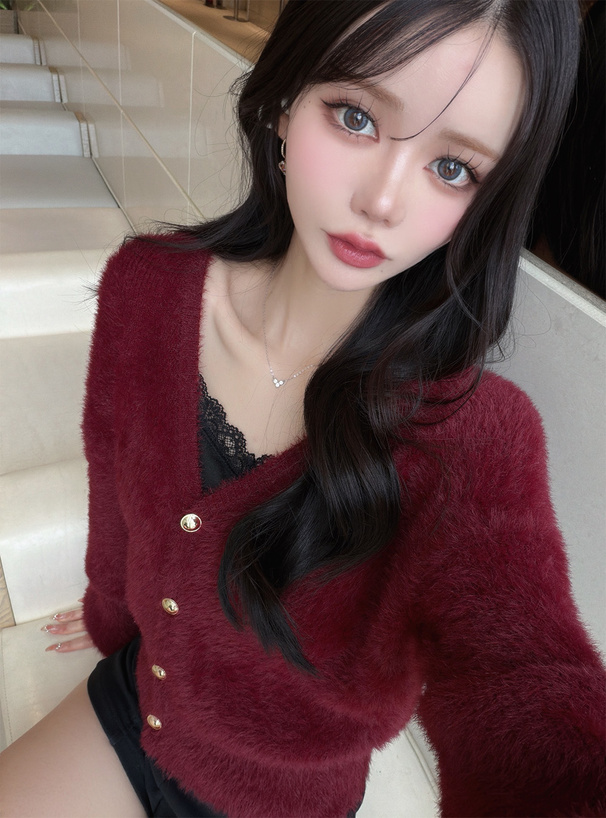 ゴールドボタンシャギーニットカーディガン[pm645] | レディース