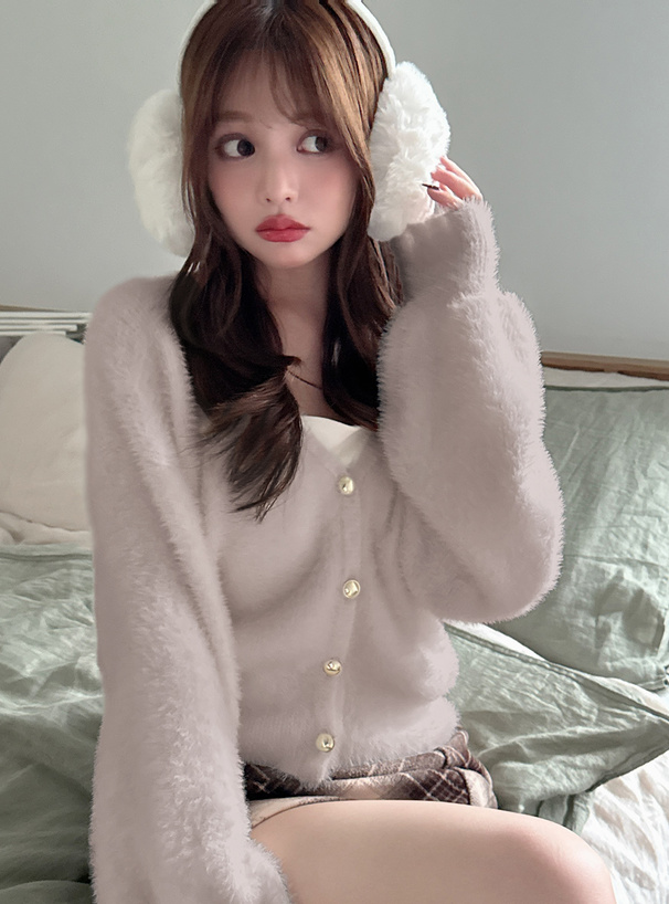 ゴールドボタンシャギーニットカーディガン[pm645] | レディース