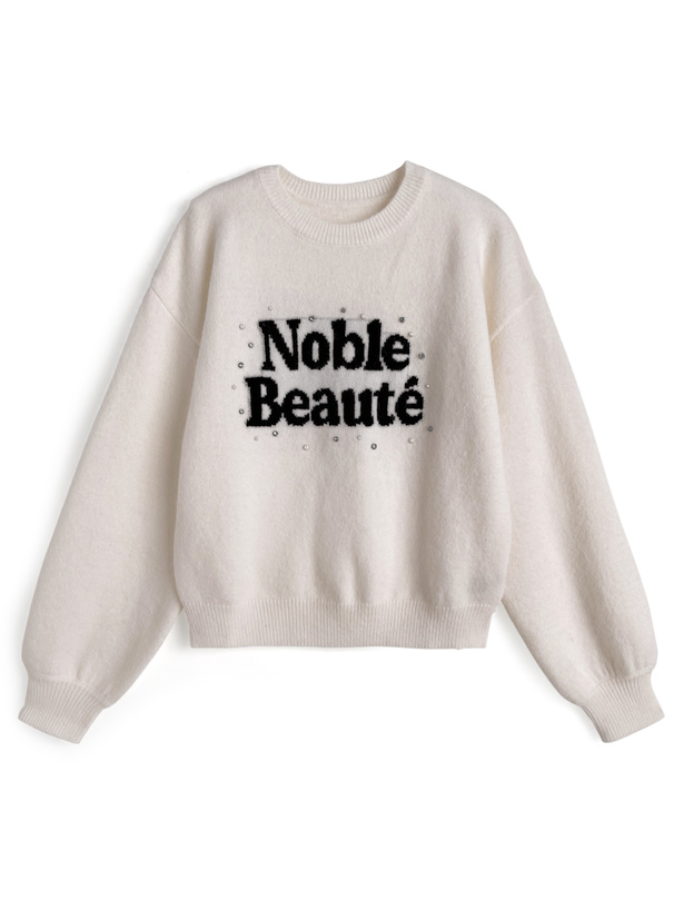 パールラインストーンロゴニットトップス