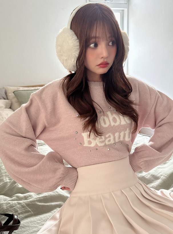 パールラインストーンロゴニットトップス