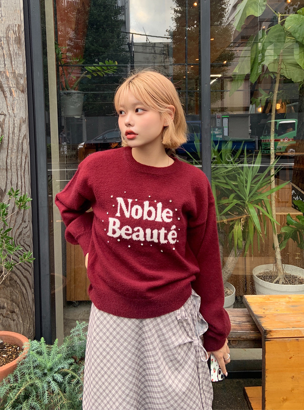 パールラインストーンロゴニットトップス