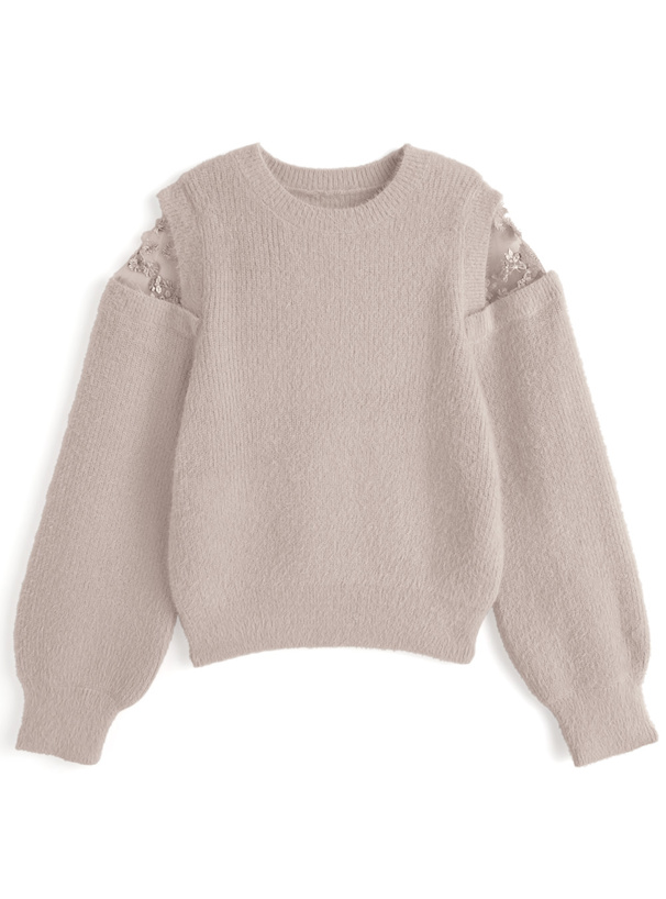 ショルダーレースシャギーニットトップス