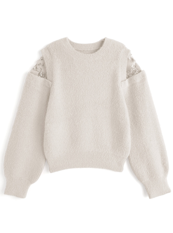 ショルダーレースシャギーニットトップス