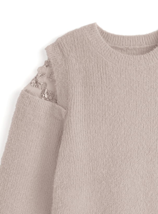 ショルダーレースシャギーニットトップス