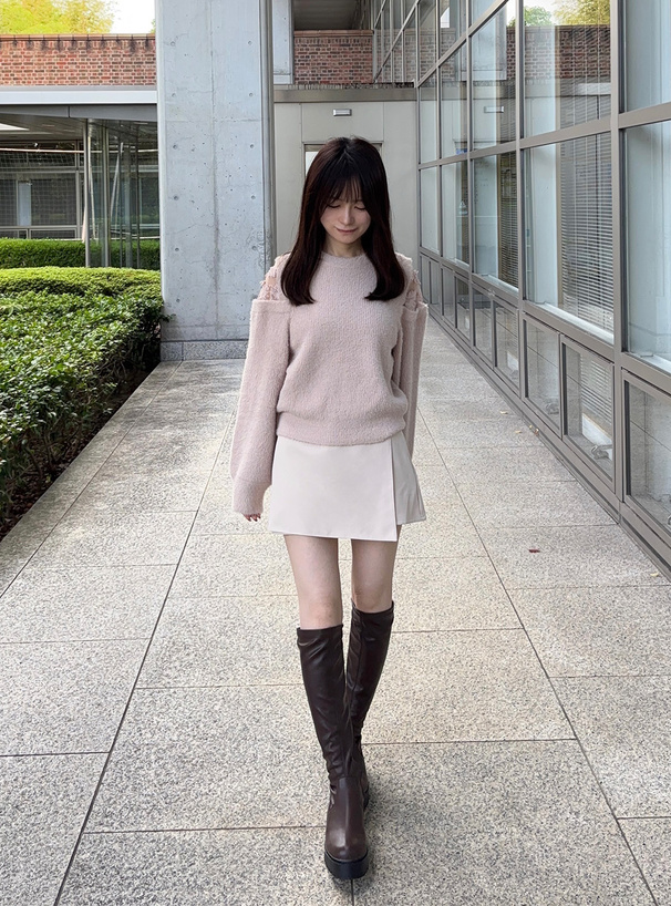 ショルダーレースシャギーニットトップス