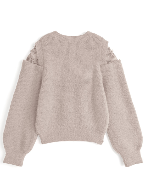 ショルダーレースシャギーニットトップス