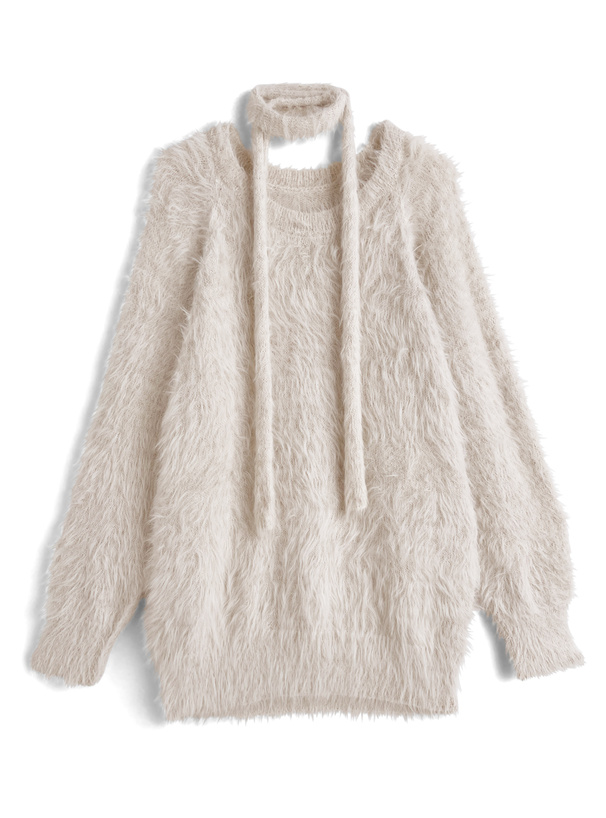 タイ付きラメシャギーニットワンピース