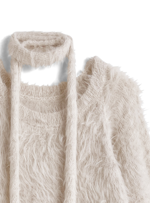 タイ付きラメシャギーニットワンピース