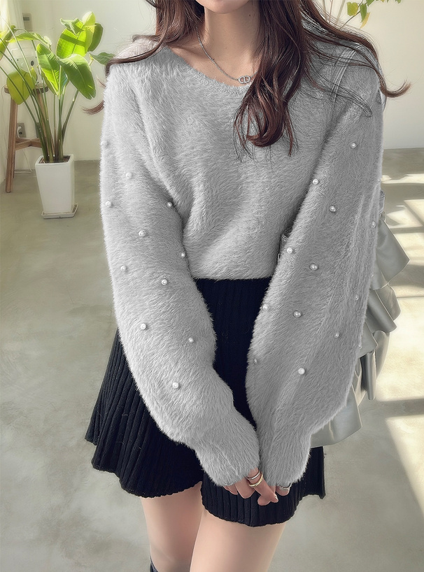 パールスリーブシャギーニットトップス