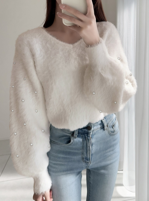 パールスリーブシャギーニットトップス