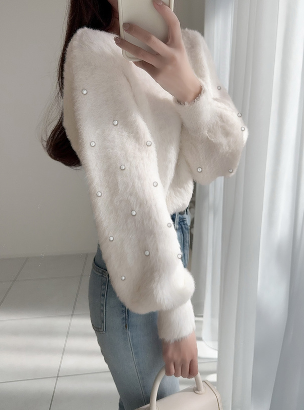 パールスリーブシャギーニットトップス