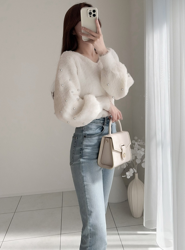 パールスリーブシャギーニットトップス