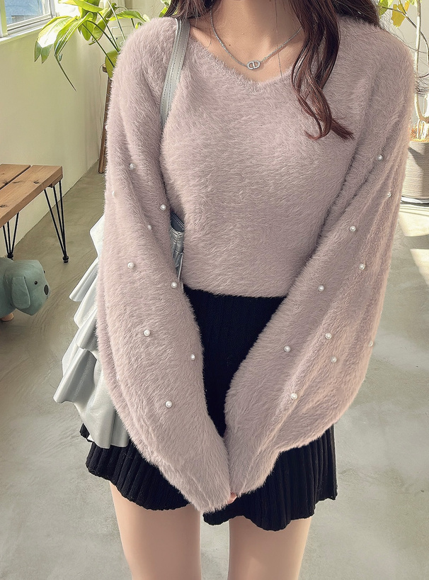 パールスリーブシャギーニットトップス