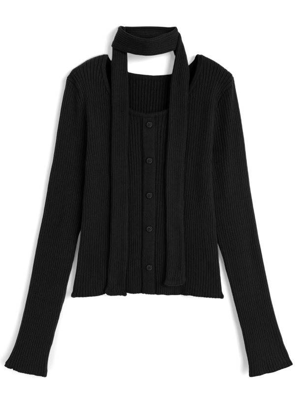 マフラー付きリブニットトップス