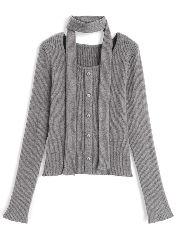 マフラー付きリブニットトップス