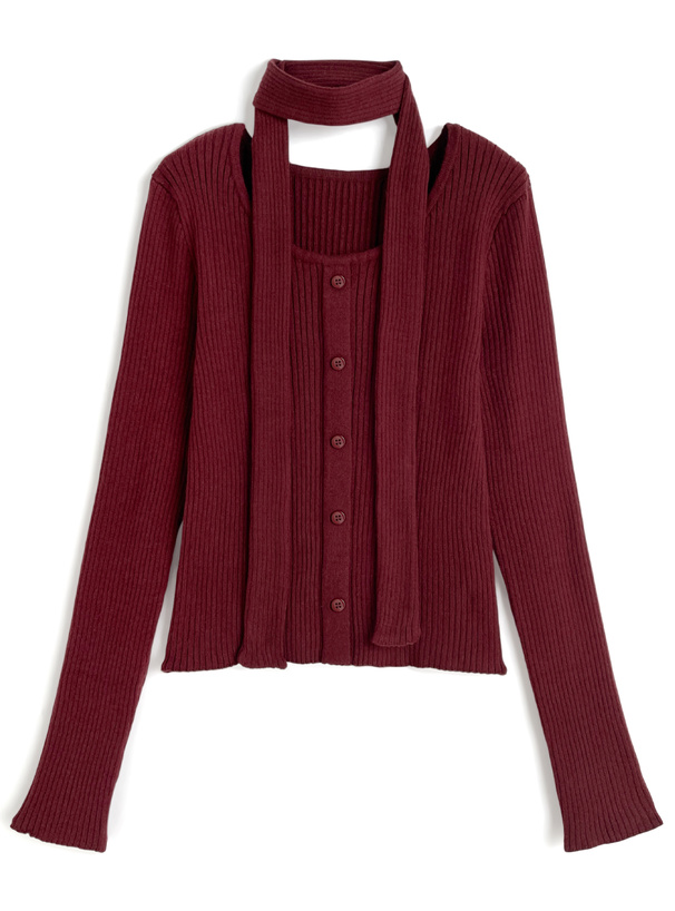 マフラー付きリブニットトップス