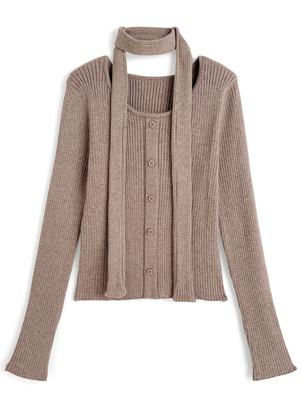 マフラー付きリブニットトップス