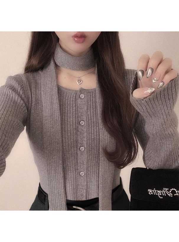 マフラー付きリブニットトップス