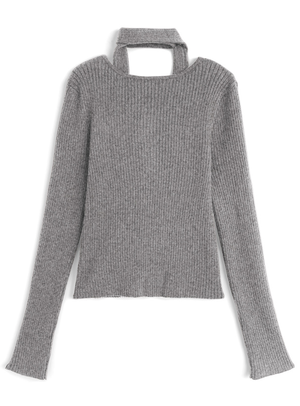 マフラー付きリブニットトップス