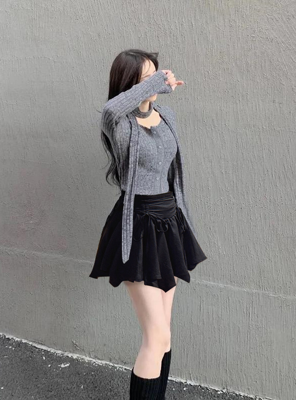 マフラー付きリブニットトップス