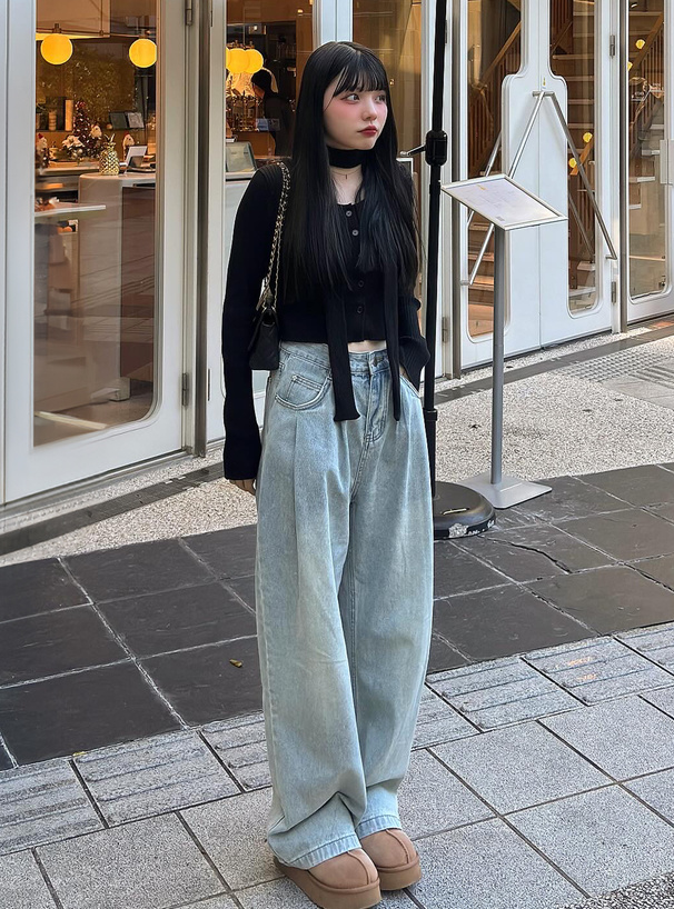 マフラー付きリブニットトップス