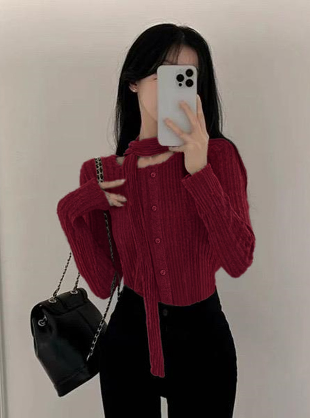 マフラー付きリブニットトップス