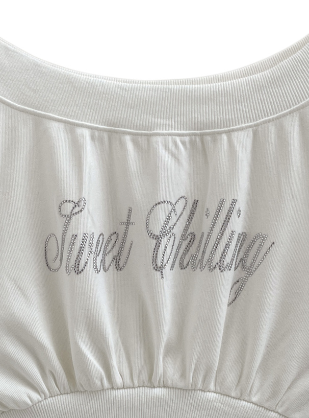 ビジューロゴオフショルトップス