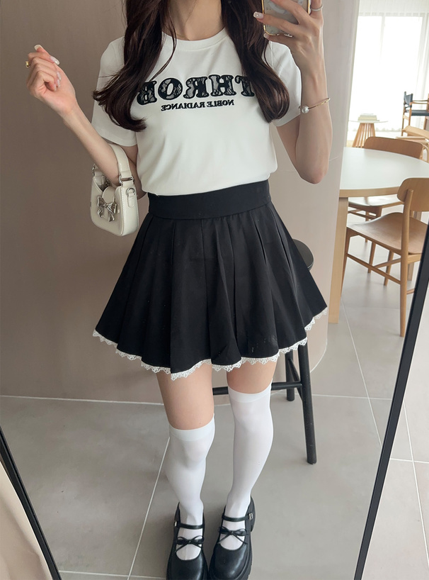 レースロゴ刺繍ショート丈Tシャツ[pm694] | レディース