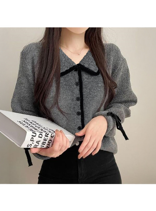 配色ラインリボンニットカーディガン