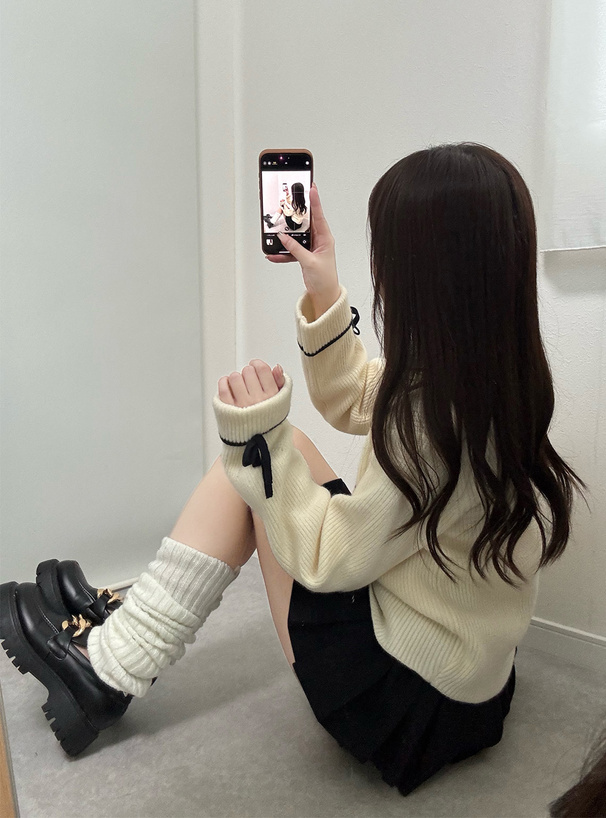 配色ラインリボンニットカーディガン