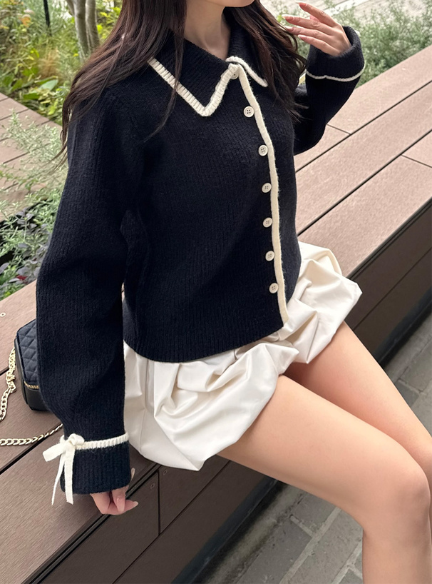 配色ラインリボンニットカーディガン