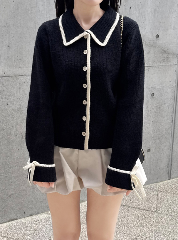 配色ラインリボンニットカーディガン