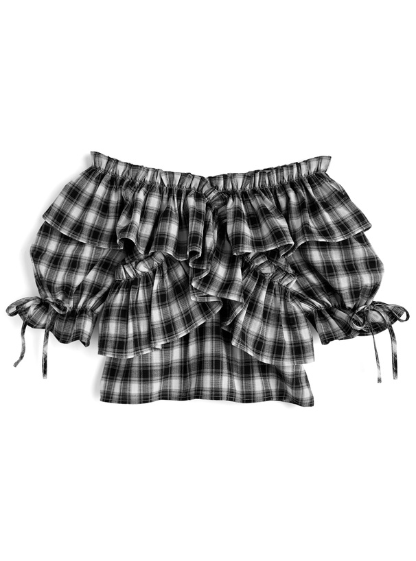2Wayチェック柄クロスフリルブラウス[pm714a]