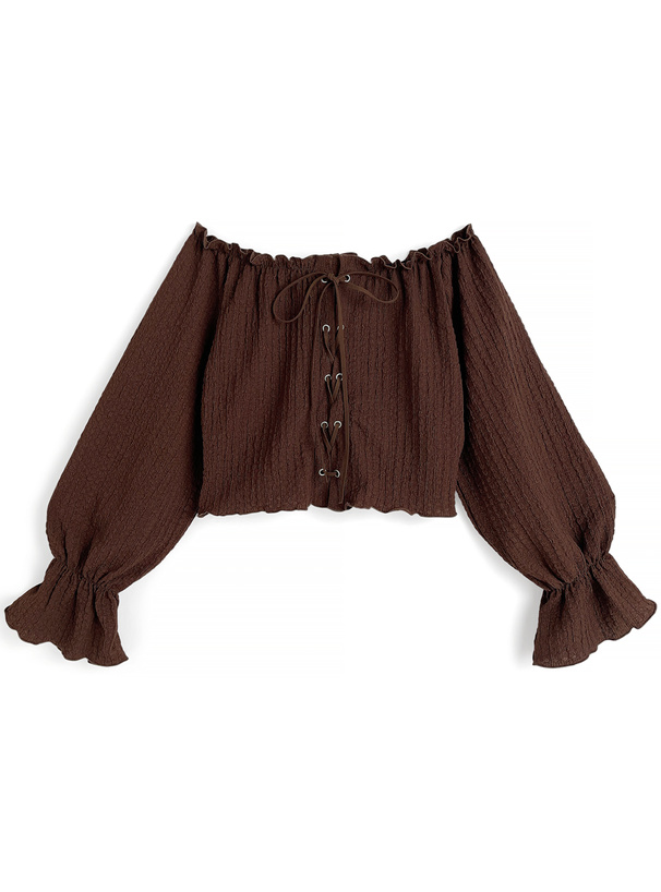 レースアップオフショルダーフリルトップス