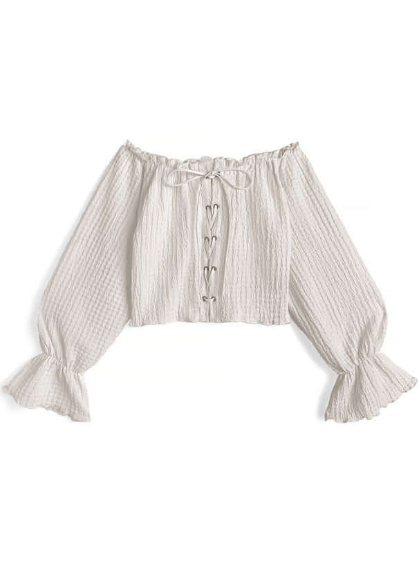 レースアップオフショルダーフリルトップス