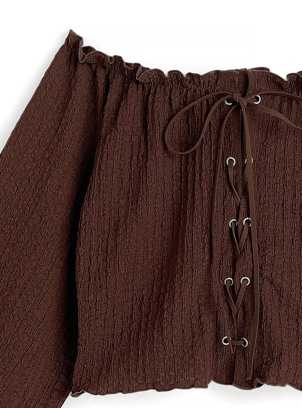 レースアップオフショルダーフリルトップス