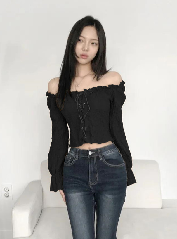 レースアップオフショルダーフリルトップス