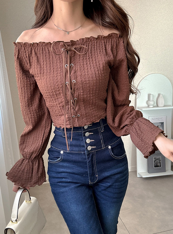 レースアップオフショルダーフリルトップス