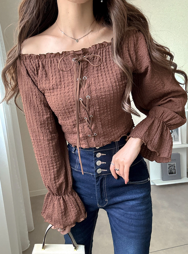 レースアップオフショルダーフリルトップス