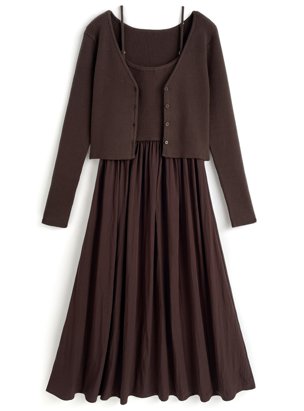 ニット切替キャミソールワンピース×カーディガンセットアップ