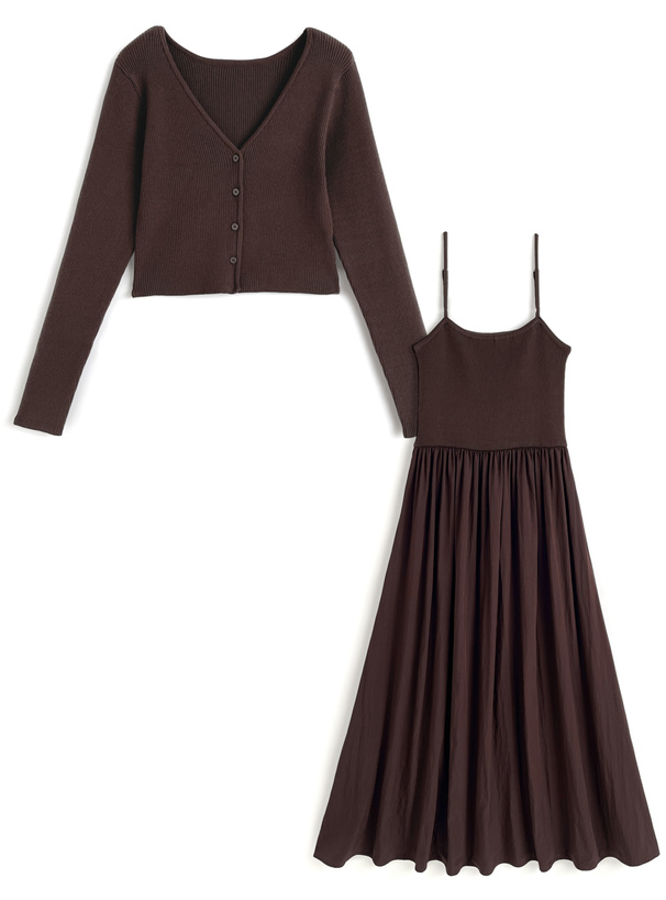 ニット切替キャミソールワンピース×カーディガンセットアップ