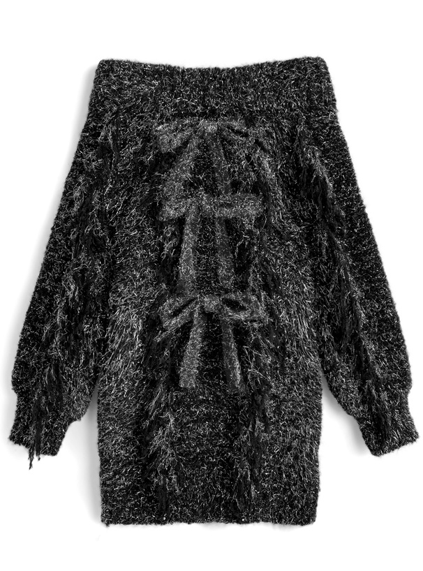 フリンジリボンオフショルダーニットミニワンピース