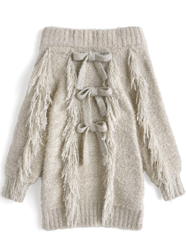 フリンジリボンオフショルダーニットミニワンピース