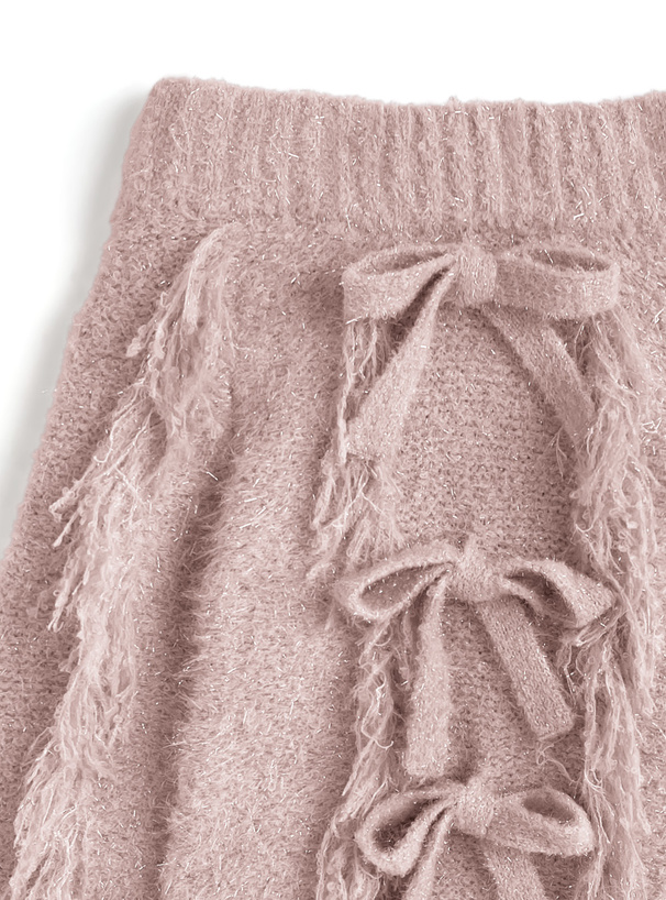 フリンジリボンオフショルダーニットミニワンピース