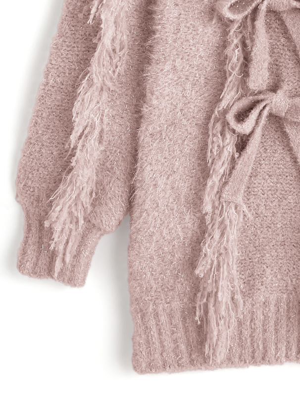 フリンジリボンオフショルダーニットミニワンピース