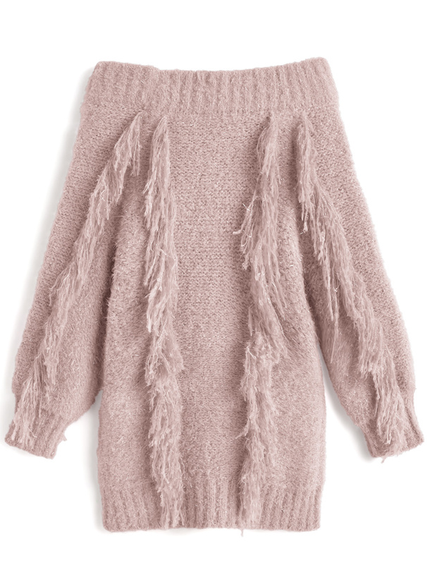 フリンジリボンオフショルダーニットミニワンピース