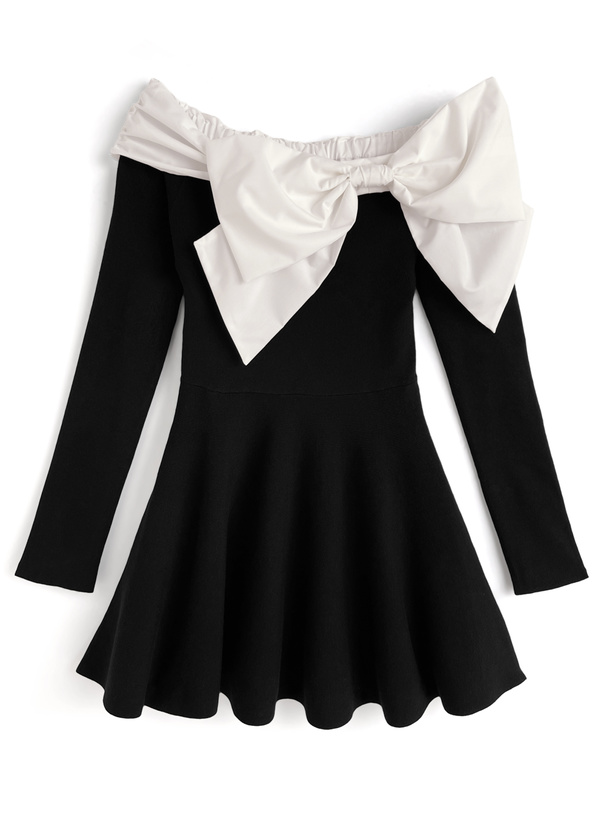 ビッグリボンオフショルダーフレアニットワンピース[pm733]