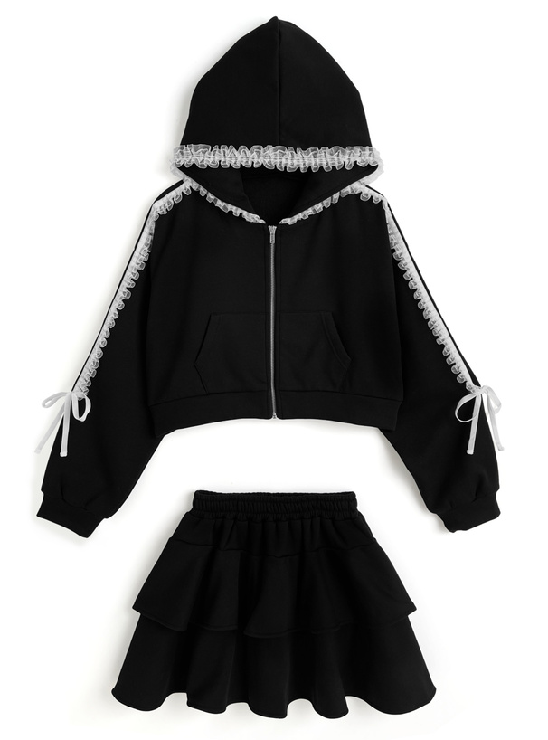 サイドラインフリルパーカー×ティアードミニスカートスウェット