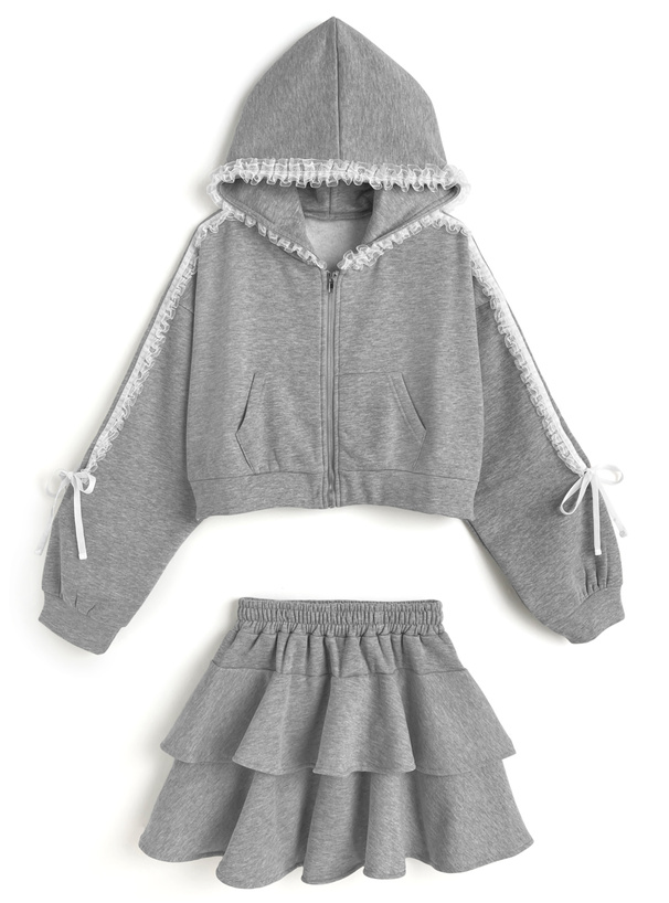 サイドラインフリルパーカー×ティアードミニスカートスウェット